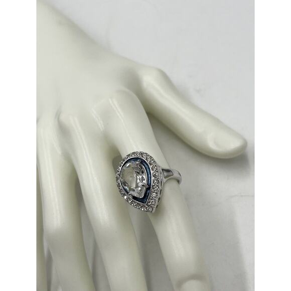 Kenneth Jay Lane Pear Shaped Cubic Zirconia Blue Enamel Cocktail Ring Sz 6 - Picture 6 of 12